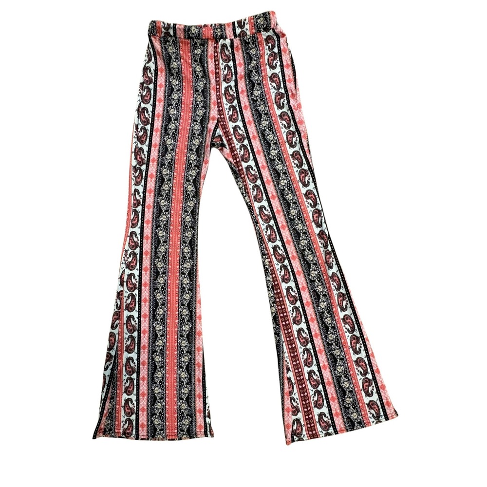 💜$5 BUNDLED- Kids Paisley Stripe Flare Leggings Bell Bottom Pink Black 11-12Y